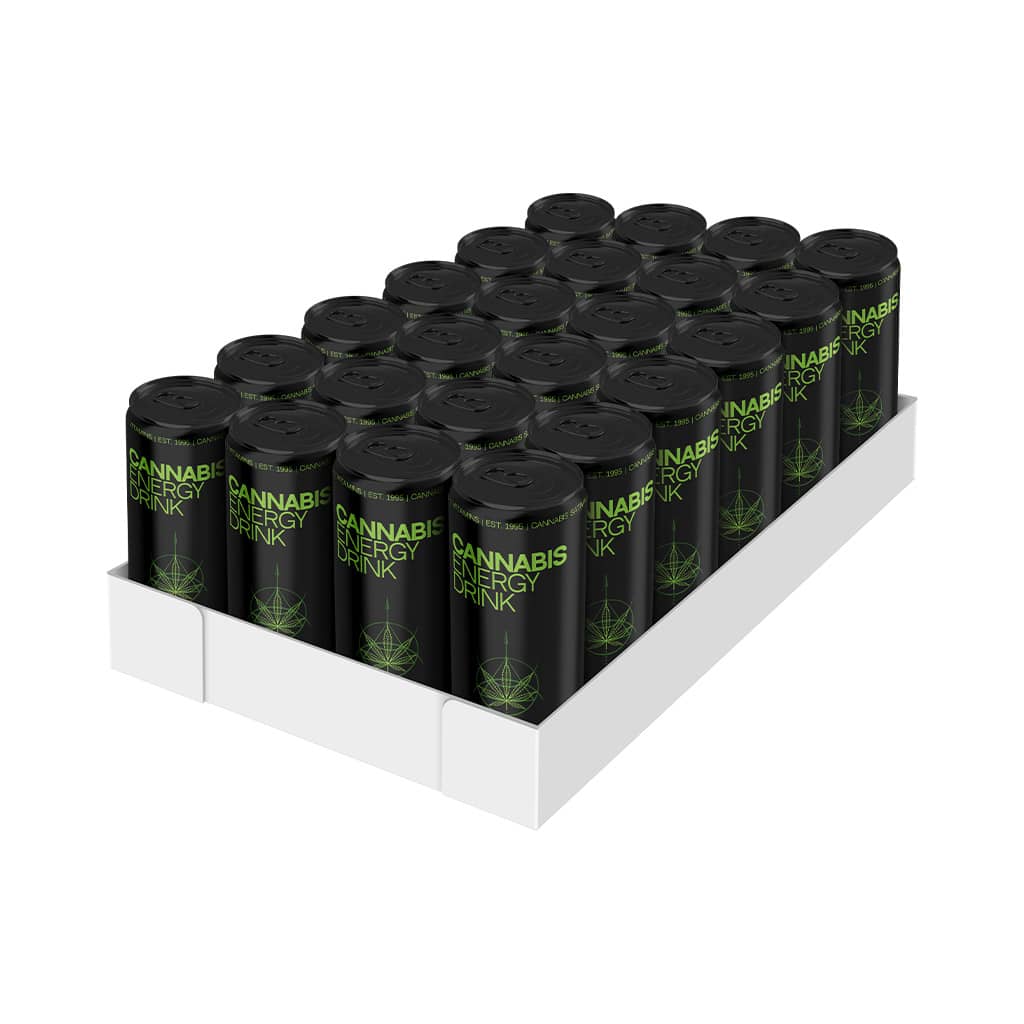 a tray of Multitrance HaZe cannabis flavoured energy drink
