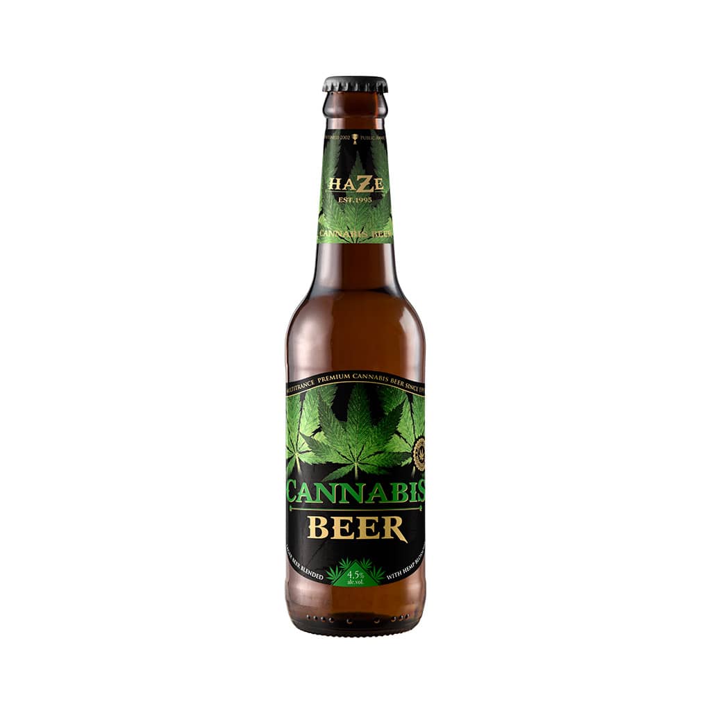 award-winning 330ml bottle of Multitrance green leaf cannabis flavoured beer blended with hemp blossoms