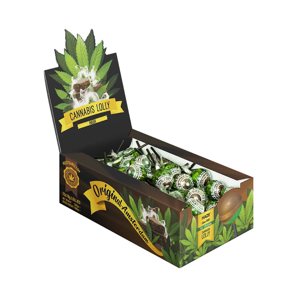 side view of a display carton of Multitrance hash flavoured cannabis lollies containing 70 lollipops