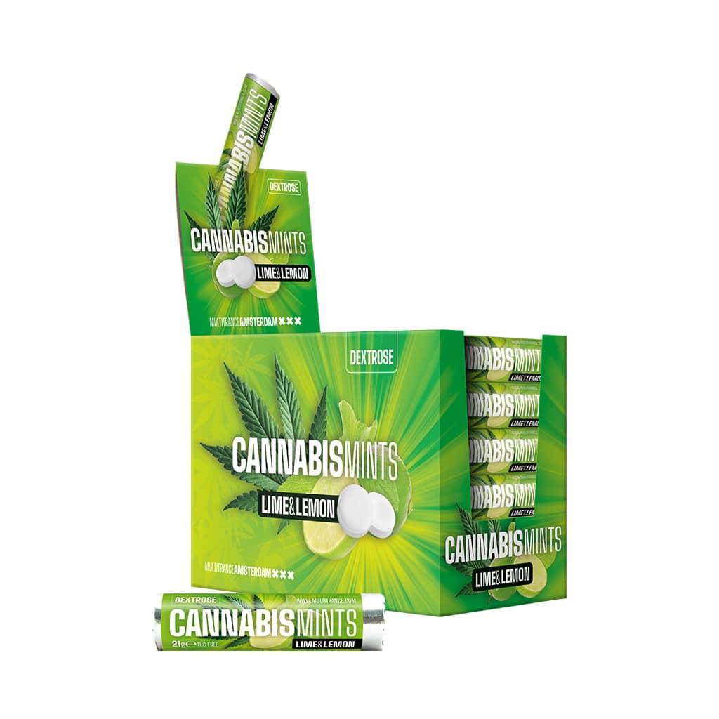 a display carton of delicious energy rolls of Multitrance cannabis lime and lemon flavoured dextrose candy with cannabis taste