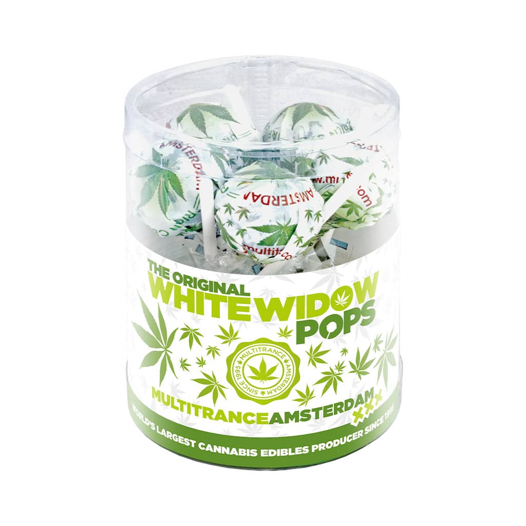 a gift box of Multitrance cannabis flavoured white widow pops lollies containing 10 lollipops