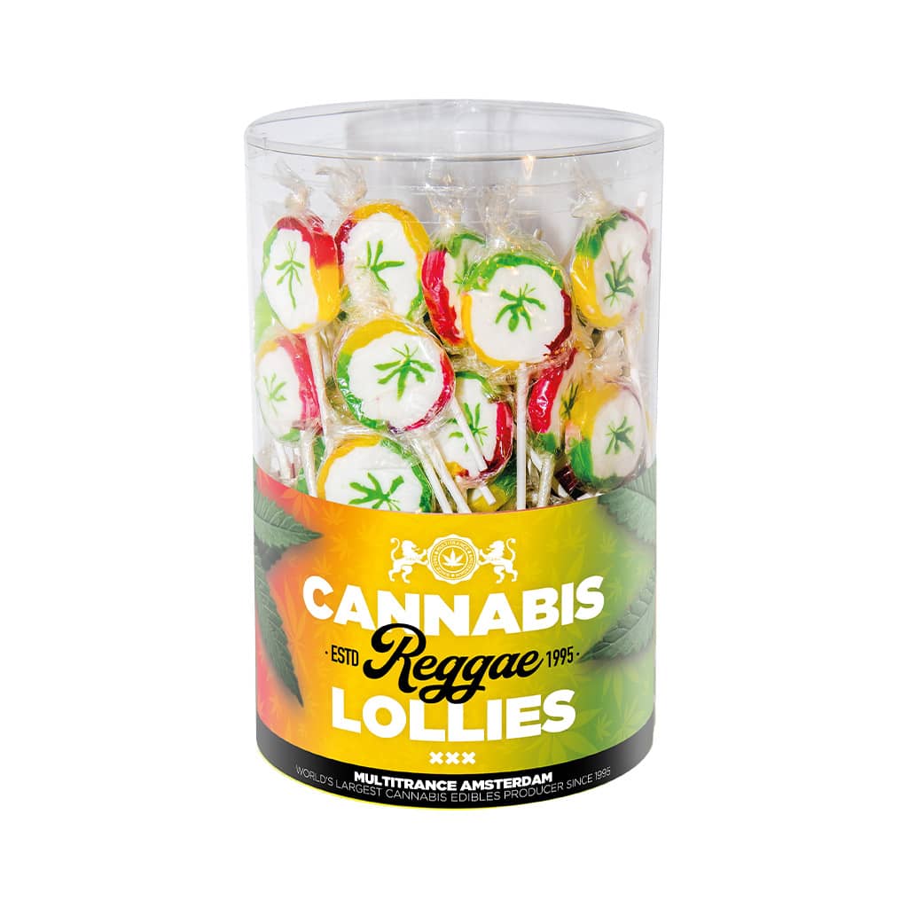a display container of Multitrance reggae cannabis lollies