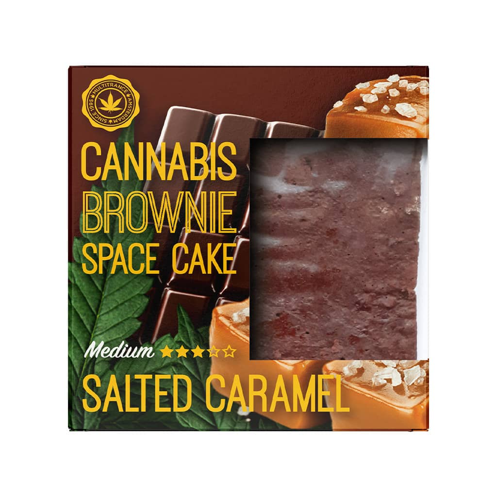 a delicious Multitrance cannabis salted caramel brownie infused with medium sativa flavour
