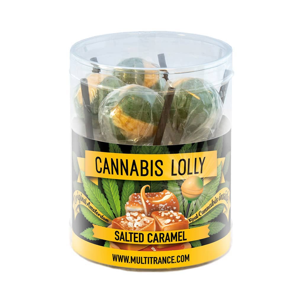 a gift box of Multitrance salted caramel flavoured cannabis lollies containing 10 lollipops