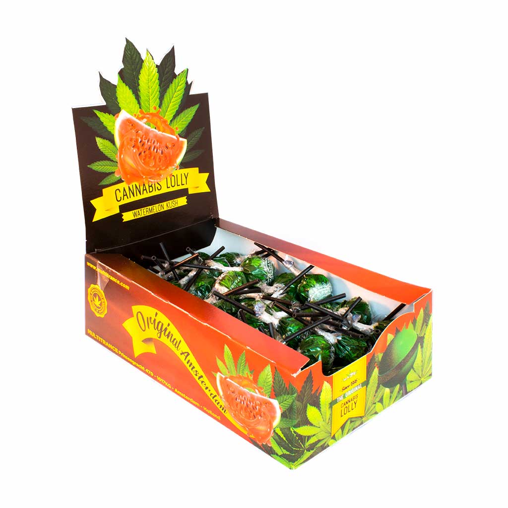 side view of a display carton of Multitrance watermelon kush flavoured cannabis lollies containing 70 lollipops