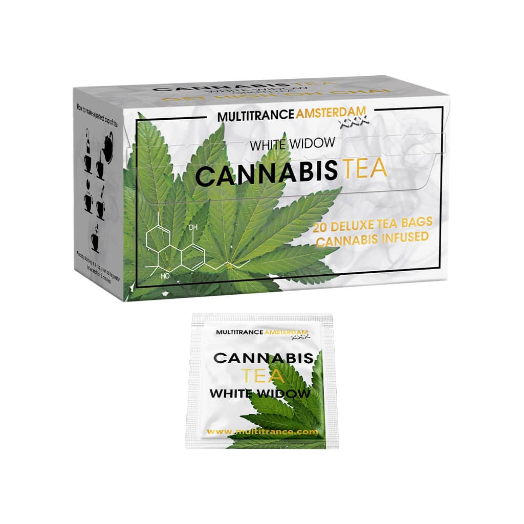 a box of Multitrance cannabis infused green tea containing 20 teabags