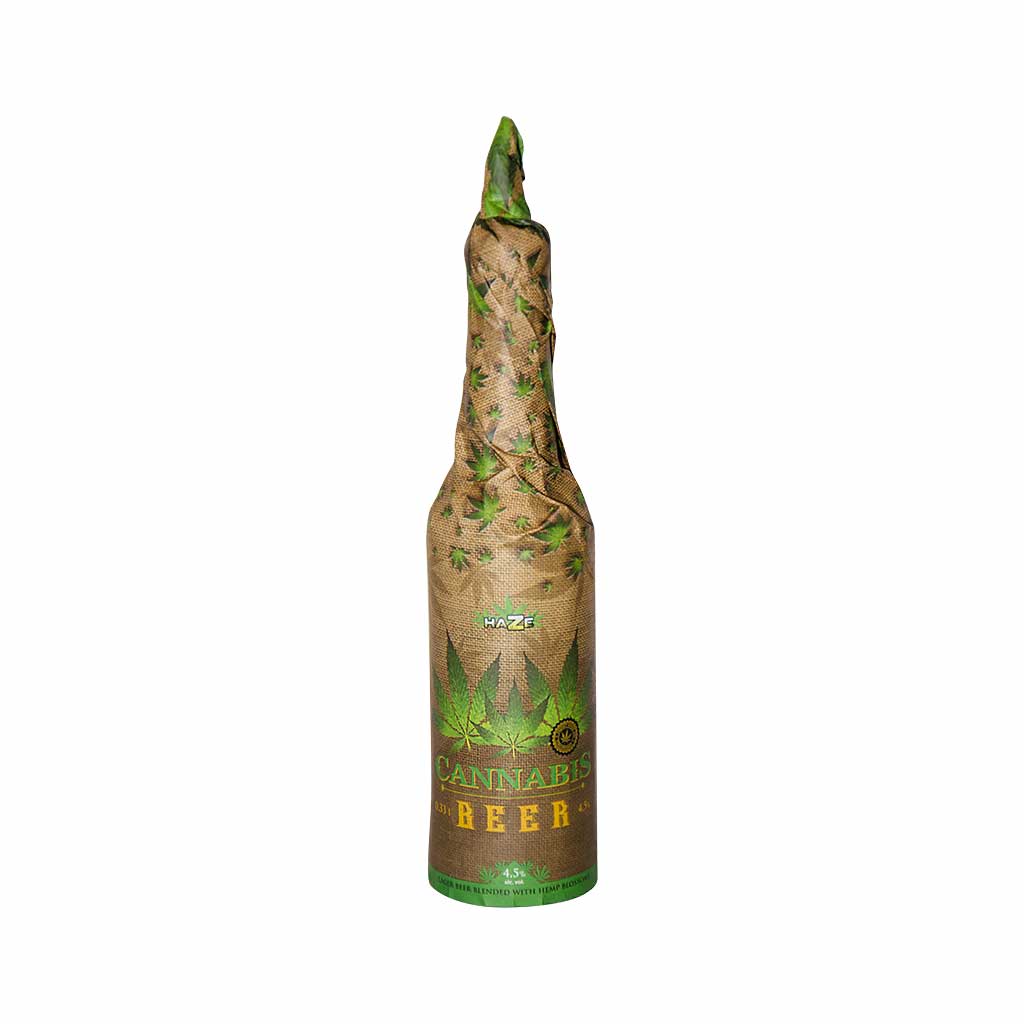 award-winning 330ml bottle of Multitrance cannabis larger beer blended with hemp blossoms and hand-wrapped in hemp decorated paper