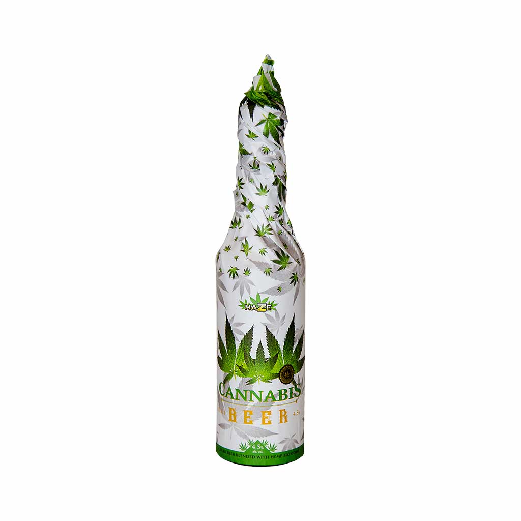 award-winning 330ml bottle of Multitrance cannabis larger beer blended with hemp blossoms and hand-wrapped in white decorated paper