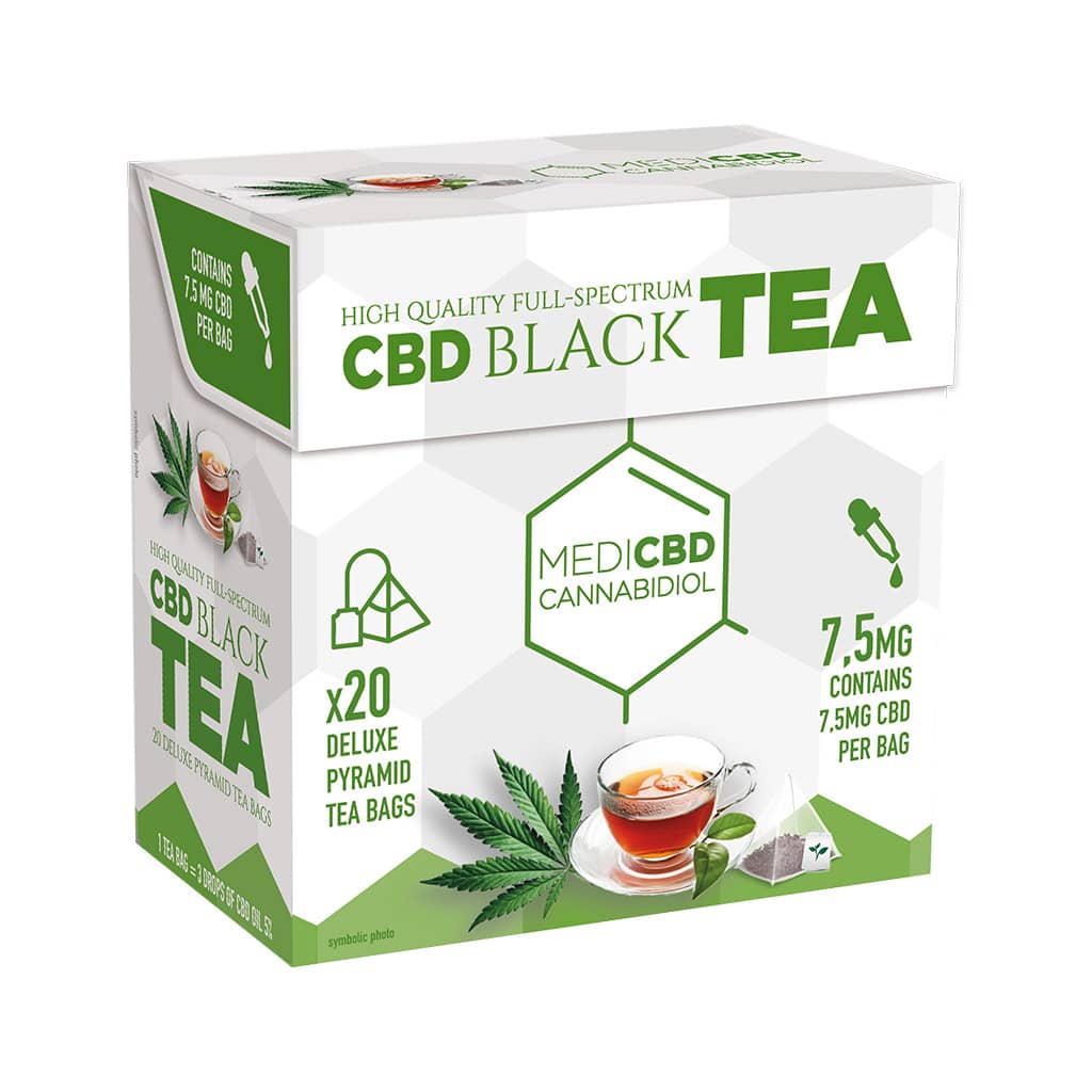 a box of Multitrance MediCBD cbd infused black tea containing 20 pyramid teabags with 7.5mg CBD per tea bag