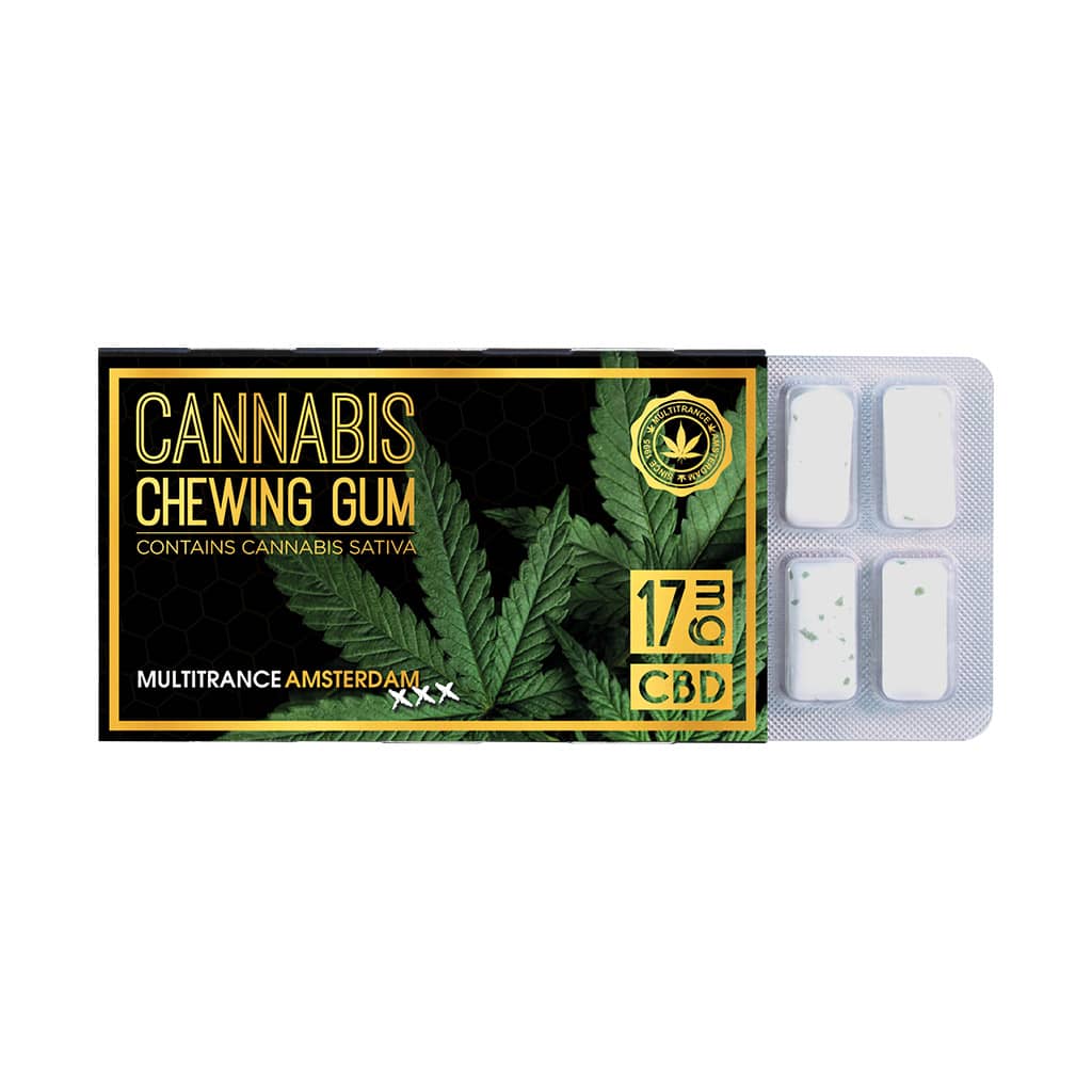 a blister of 12 Multitrance refreshing eucalyptus mint flavoured cannabis chewing gum with 17mg CBD