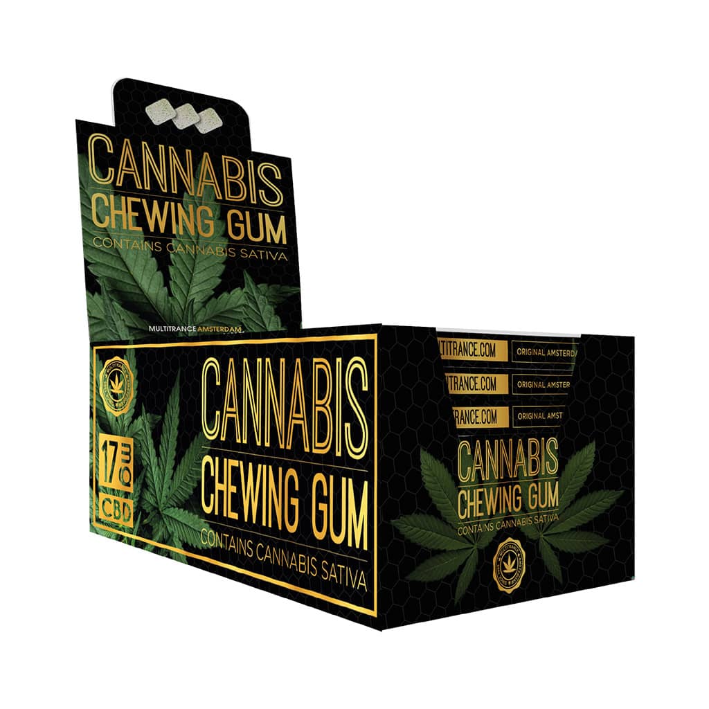a display carton of Multitrance refreshing eucalyptus mint flavoured cannabis chewing gum with 17mg CBD