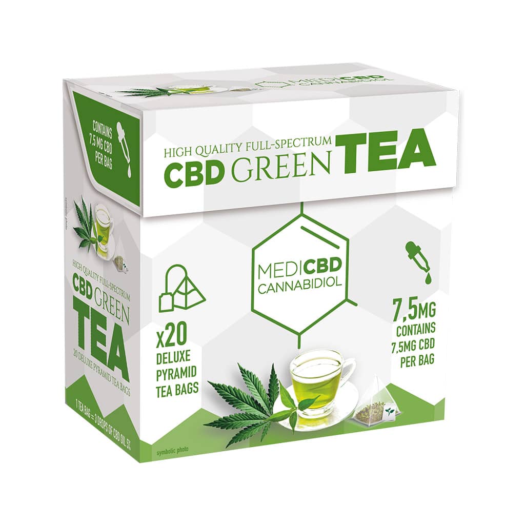 a box of Multitrance MediCBD cbd infused green tea containing 20 pyramid teabags with 7.5mg CBD per tea bag