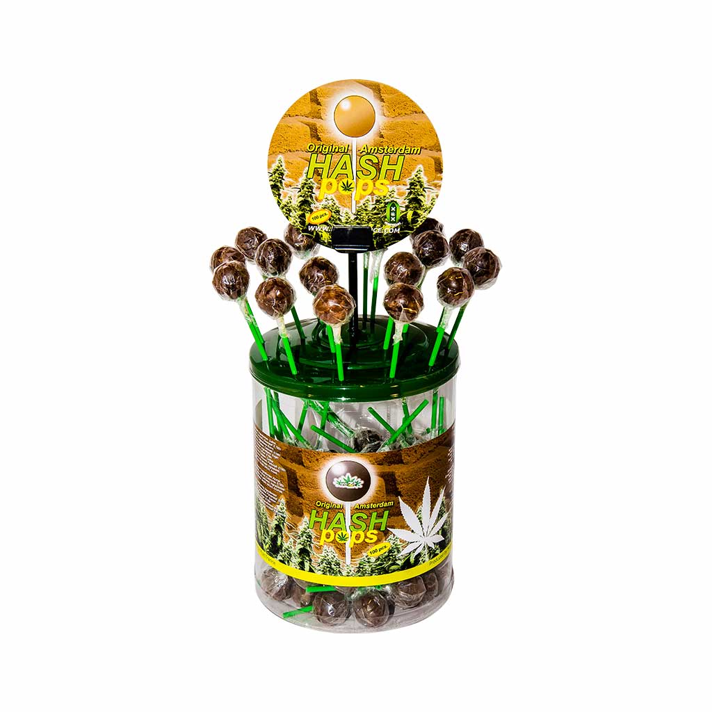 a display container of Multitrance cannabis flavoured hash pops lollies containing 100 lollipops