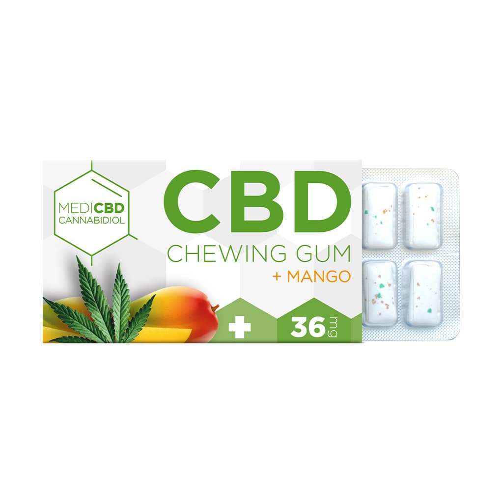 a blister of 12 MediCBD refreshing mango flavoured CBD chewing gum with 36mg CBD