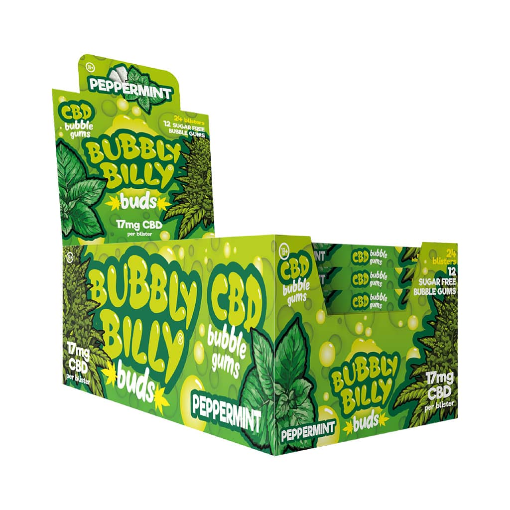 a display carton of Bubbly Billy Buds refreshing pepermint flavoured CBD chewing gum