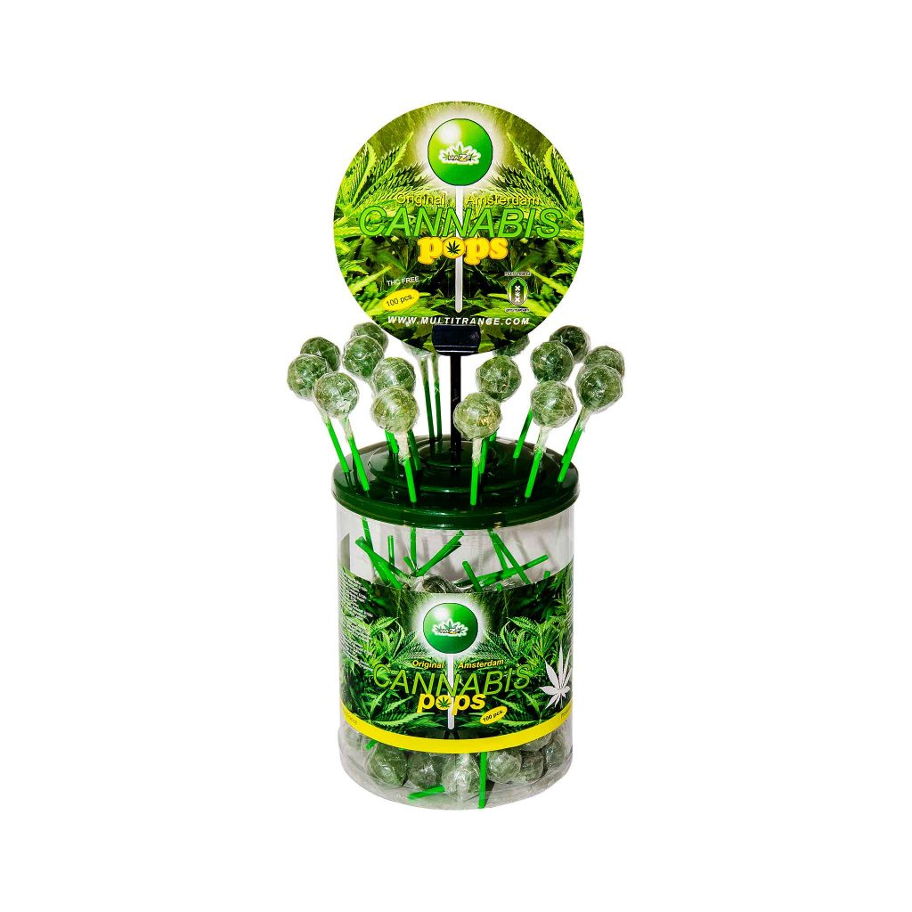 close-up of a display container of Multitrance cannabis flavoured pops lollies containing 100 lollipops