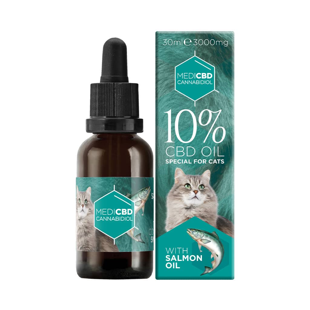 a 30ml bottle of Multitrance full spectrum 10% CBD oil with salmon oil for cats