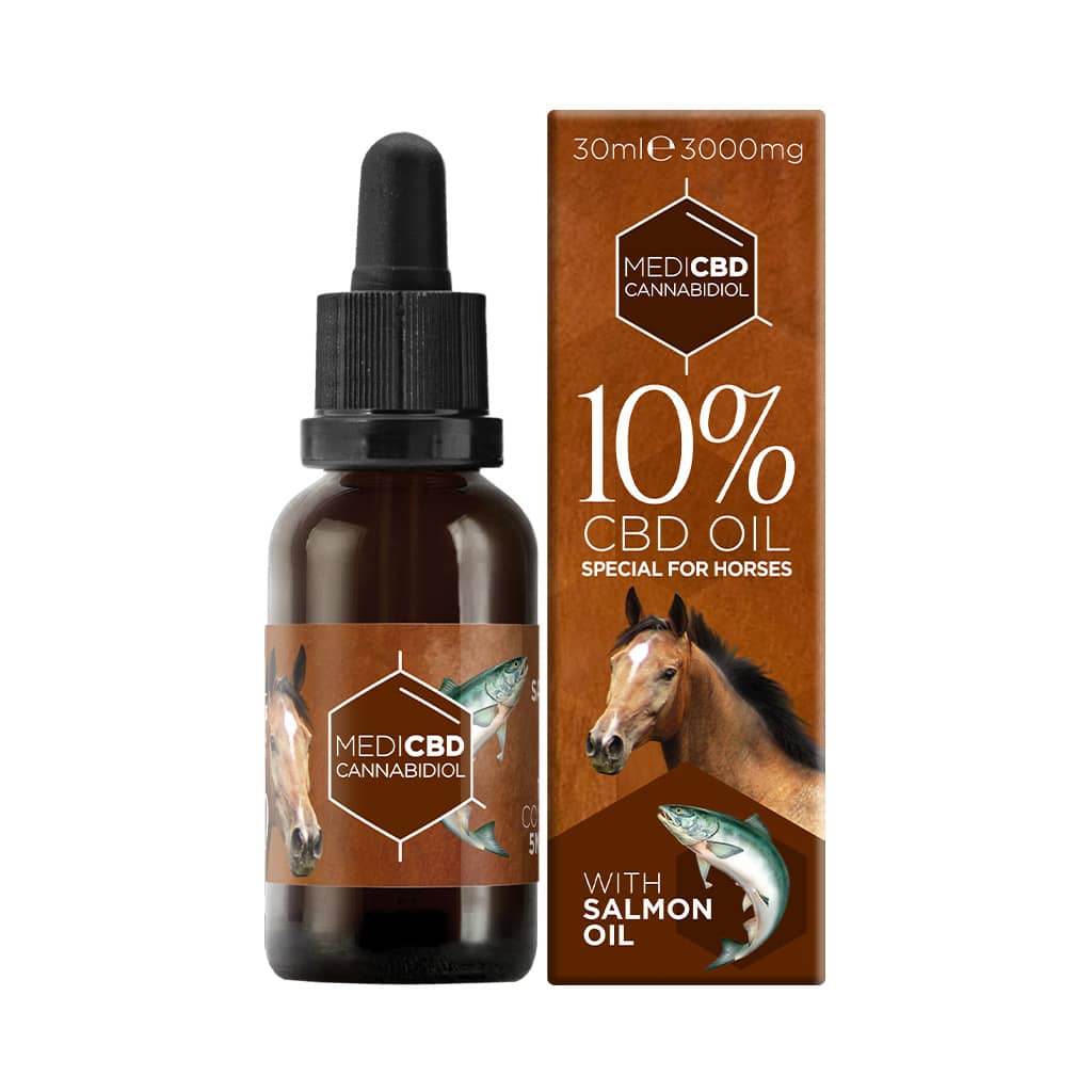 a 30ml bottle of Multitrance full spectrum 10% CBD oil with salmon oil for horses
