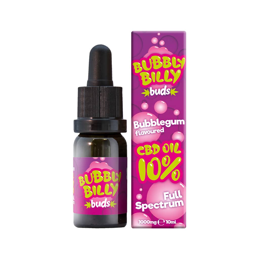 a 10ml bottle of Bubbly Billy Buds full spectrum 10% Bubblegum Flavoured CBD oil