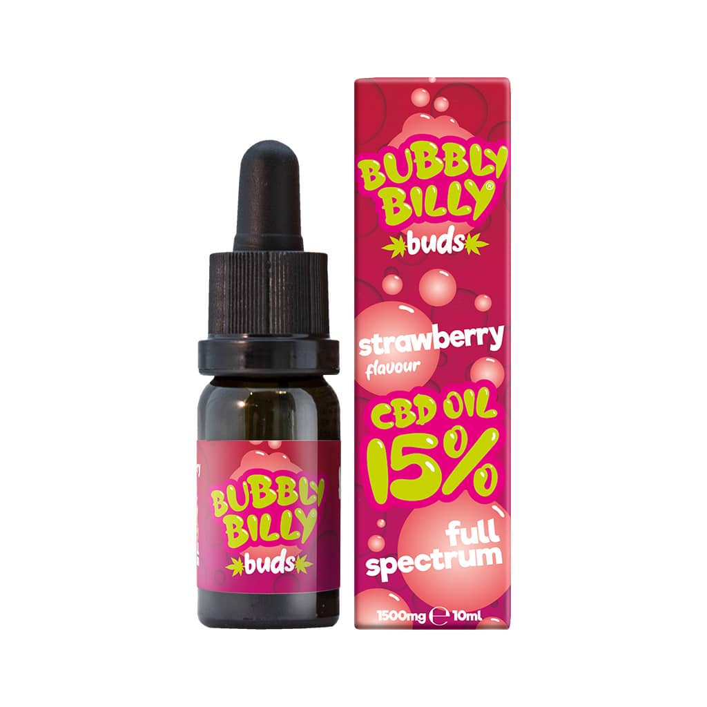 a 10ml bottle of Bubbly Billy Buds full spectrum 15% Strawberry Flavoured CBD oil