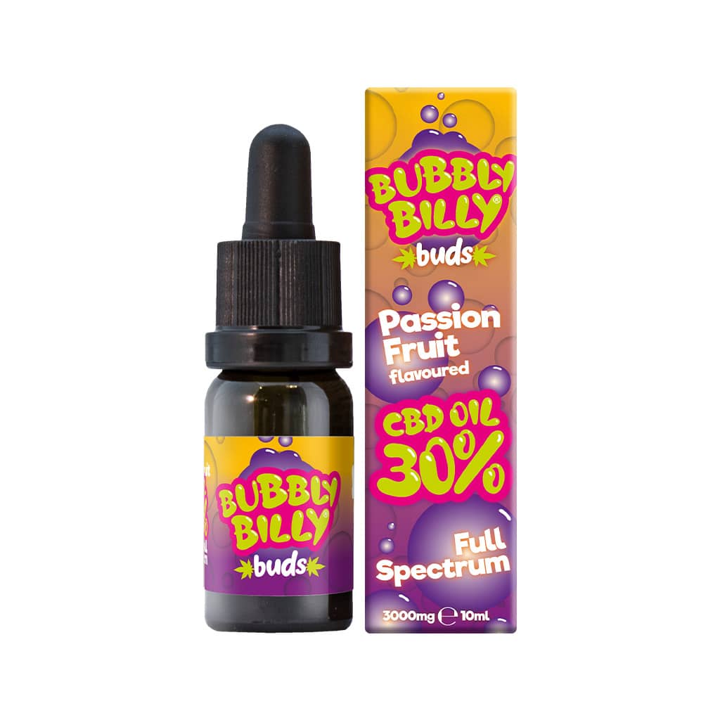 a 10ml bottle of Bubbly Billy Buds full spectrum 30% Passion Fruit Flavoured CBD oil
