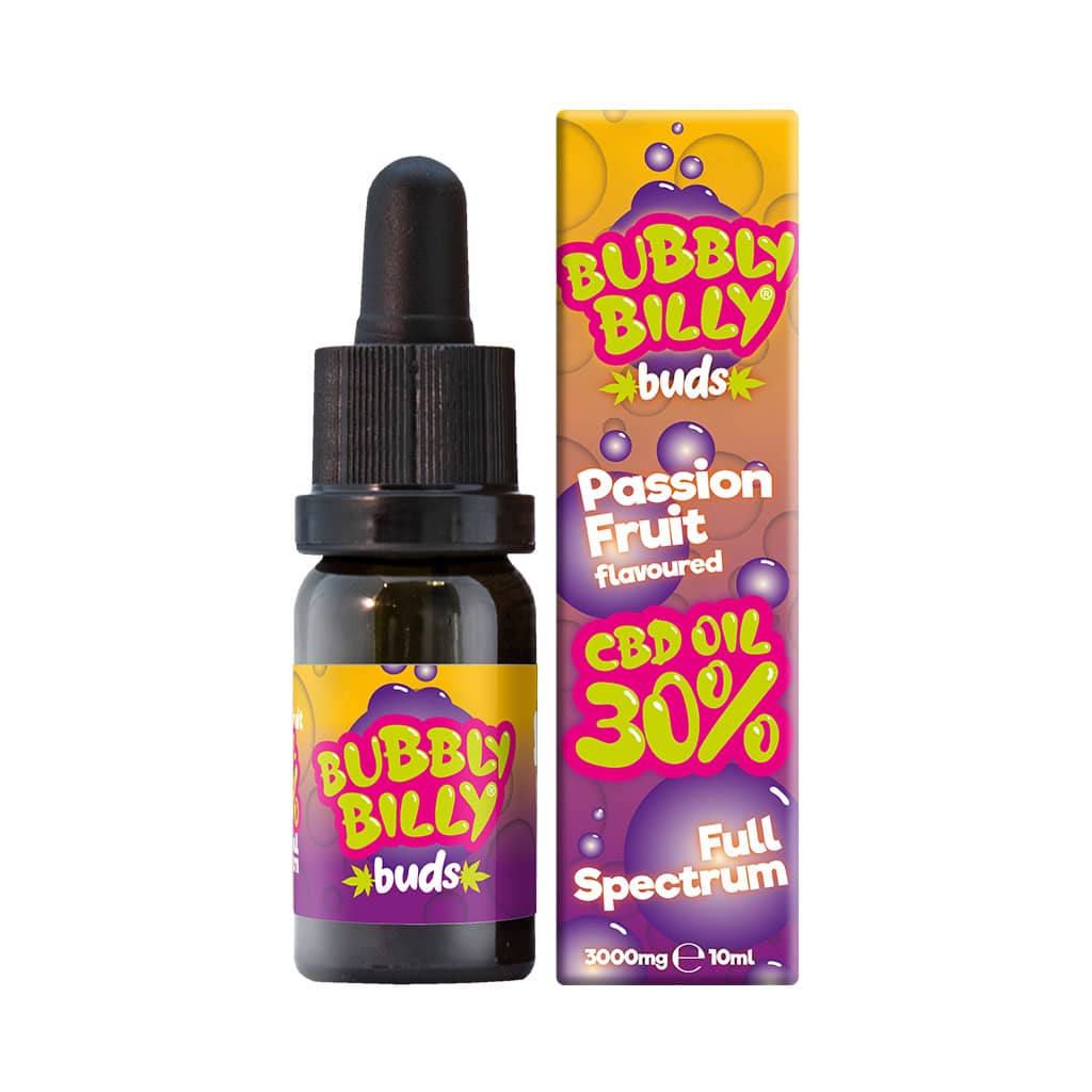 a 10ml bottle of Bubbly Billy Buds full spectrum 25% Passion Fruit Flavoured CBD oil