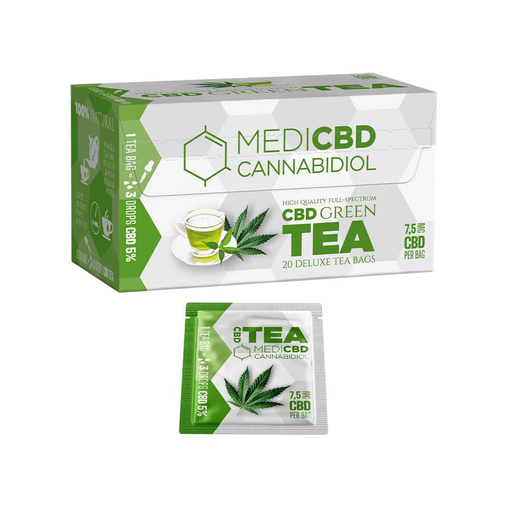 a box of Multitrance MediCBD cbd infused green tea containing 20 teabags with 7.5mg CBD per tea bag