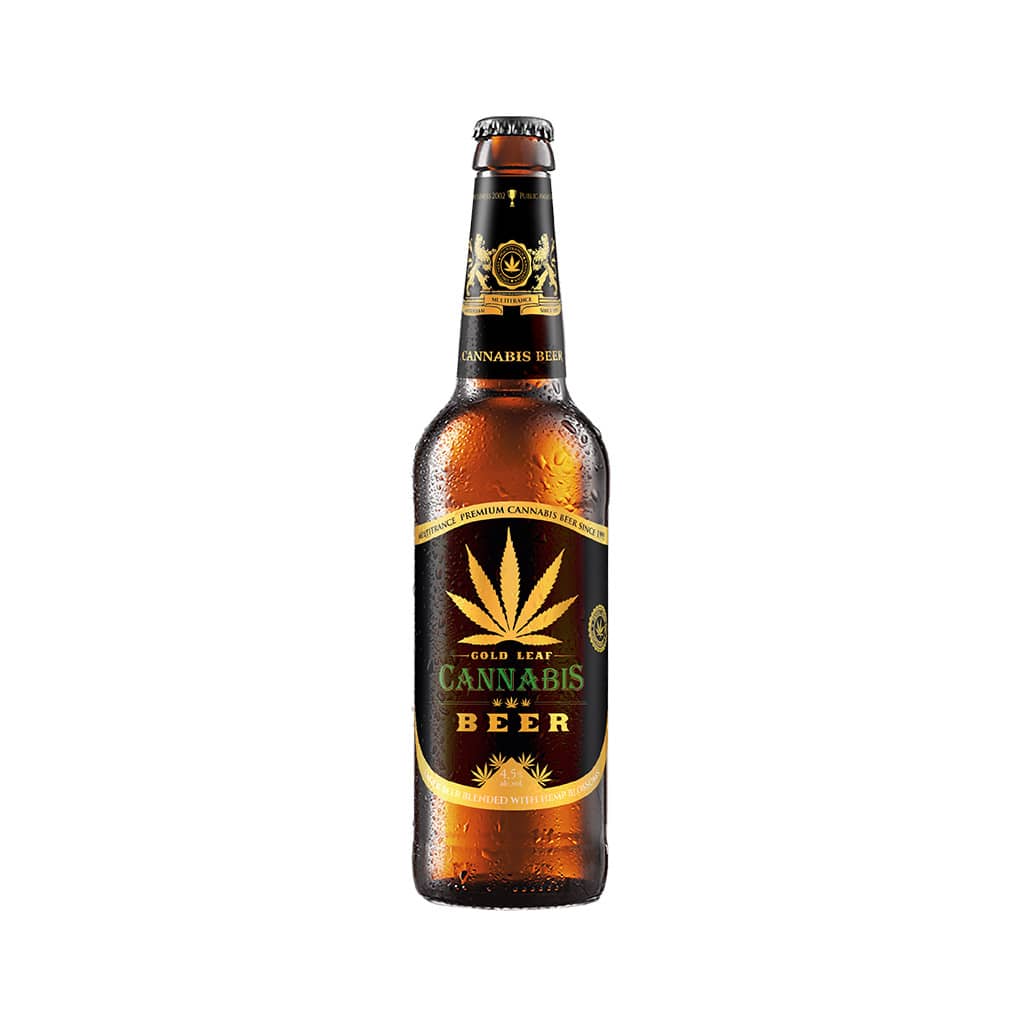 award-winning 330ml bottle of Multitrance gold leaf cannabis flavoured beer blended with hemp blossoms