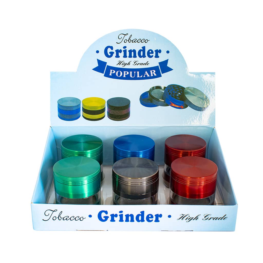 Display of 6 Metal Grinders (Transparent with Solid Colors)