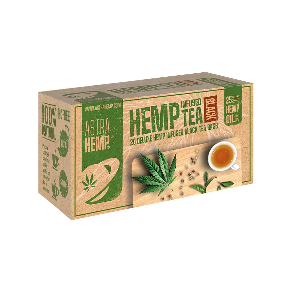 a box of Multitrance Astrahemp hemp infused black tea containing 20 teabags with 25mg hemp oil per tea bag