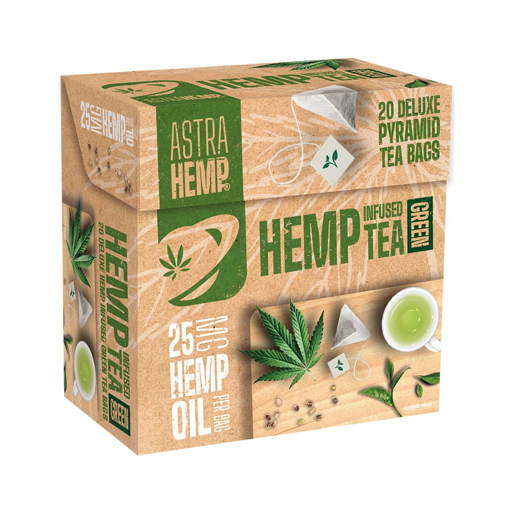 a box of Multitrance Astrahemp hemp infused green tea containing 20 pyramid teabags with 25mg hemp oil per tea bag