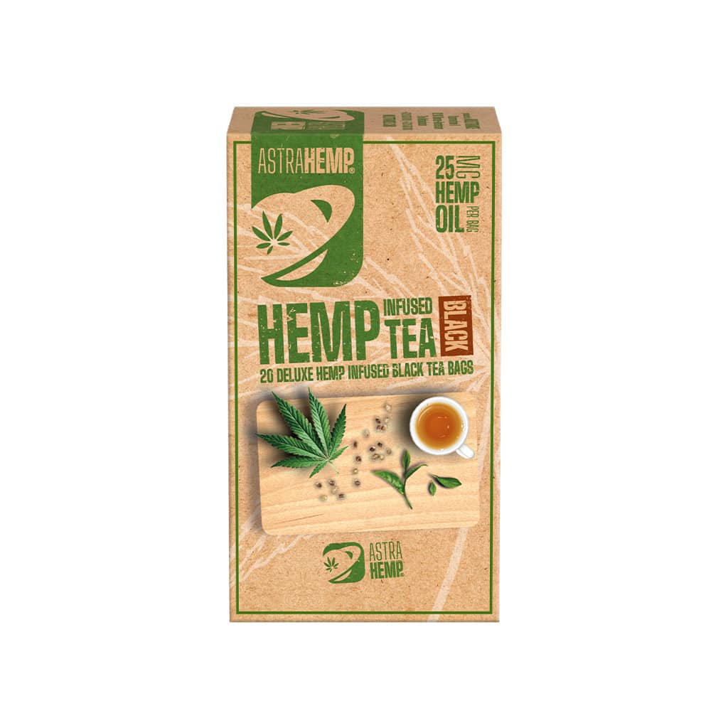 a box of Multitrance Astrahemp hemp infused black tea containing 20 teabags with 25mg hemp oil per tea bag