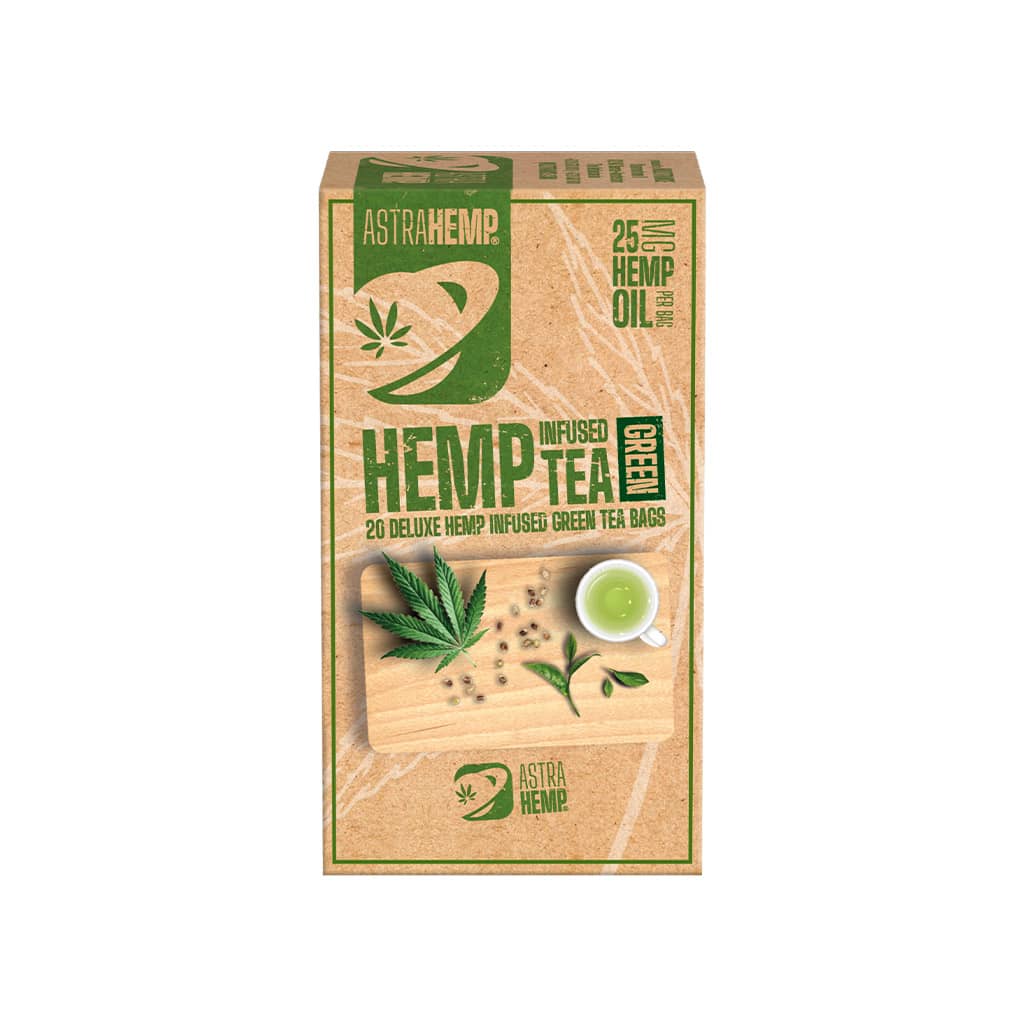 a box of Multitrance Astrahemp hemp infused green tea containing 20 teabags with 25mg hemp oil per tea bag