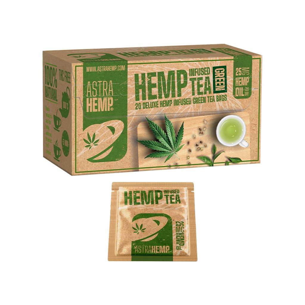 a box of Multitrance Astrahemp hemp infused green tea containing 20 teabags with 25mg hemp oil per tea bag