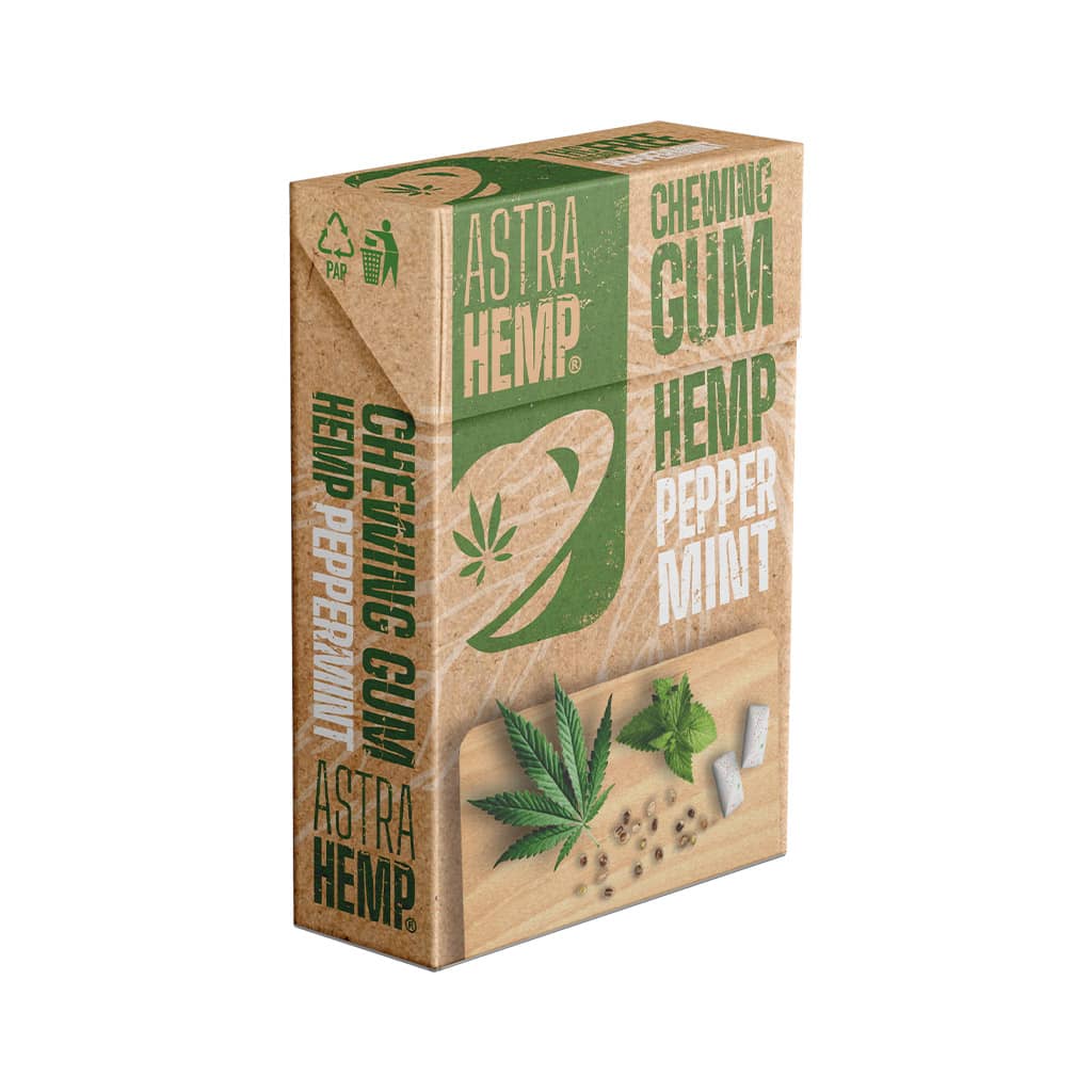 a blister of 17 Multitrance refreshing peppermint flavoured Astrahemp Cannabis chewing gum