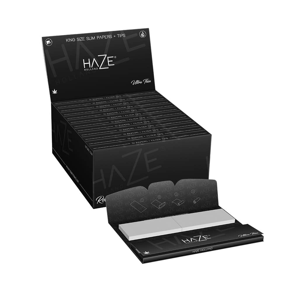 a box of HaZe Holland premium king size, ultra thin rolling paper with tips