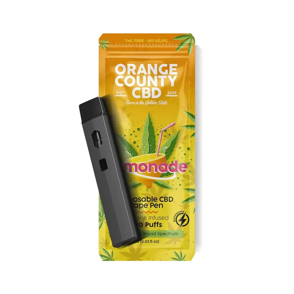 lemonade flavoured disposable vape pen containing 600mg of broad-spectrum CBD infused with terpene