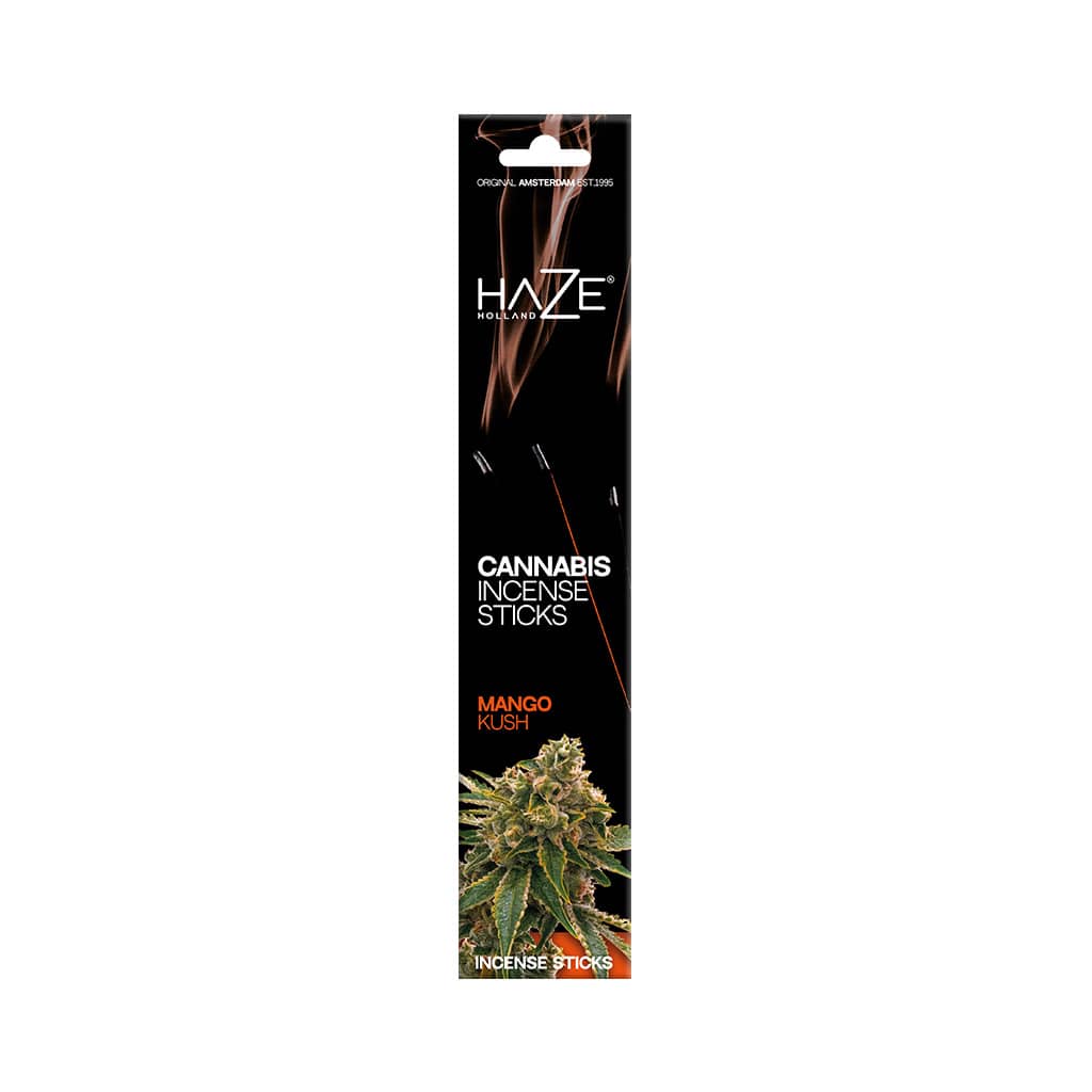 a pack of HaZe mango kush scented cannabis incense sticks containing 6 incense sticks
