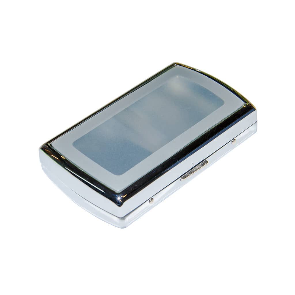 Multitrance metallic and white cigarette box with translucent lid