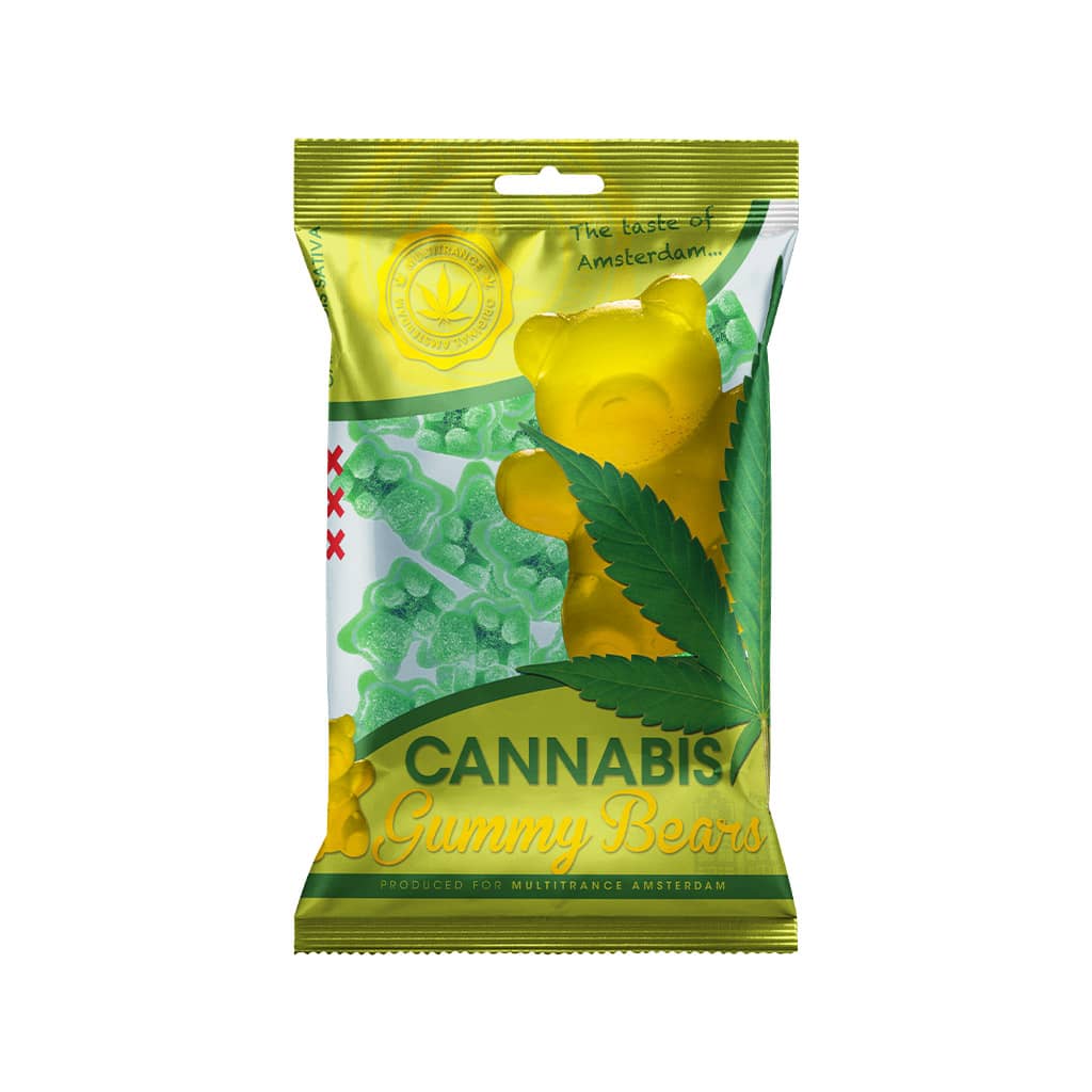 a delicious bag of Multitrance cannabis gummy bears with essential cannabis oil