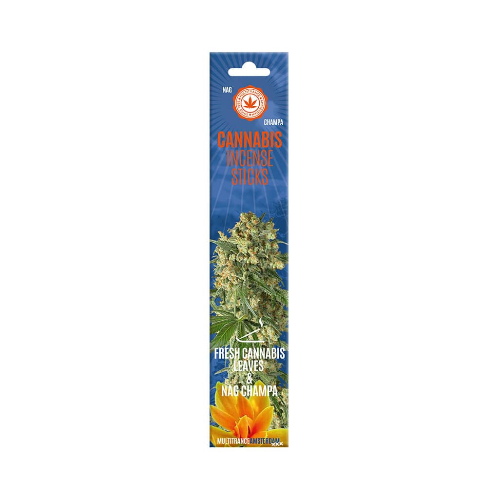 a pack of Multitrance Nag Champa scented cannabis incense sticks containing 6 incense sticks