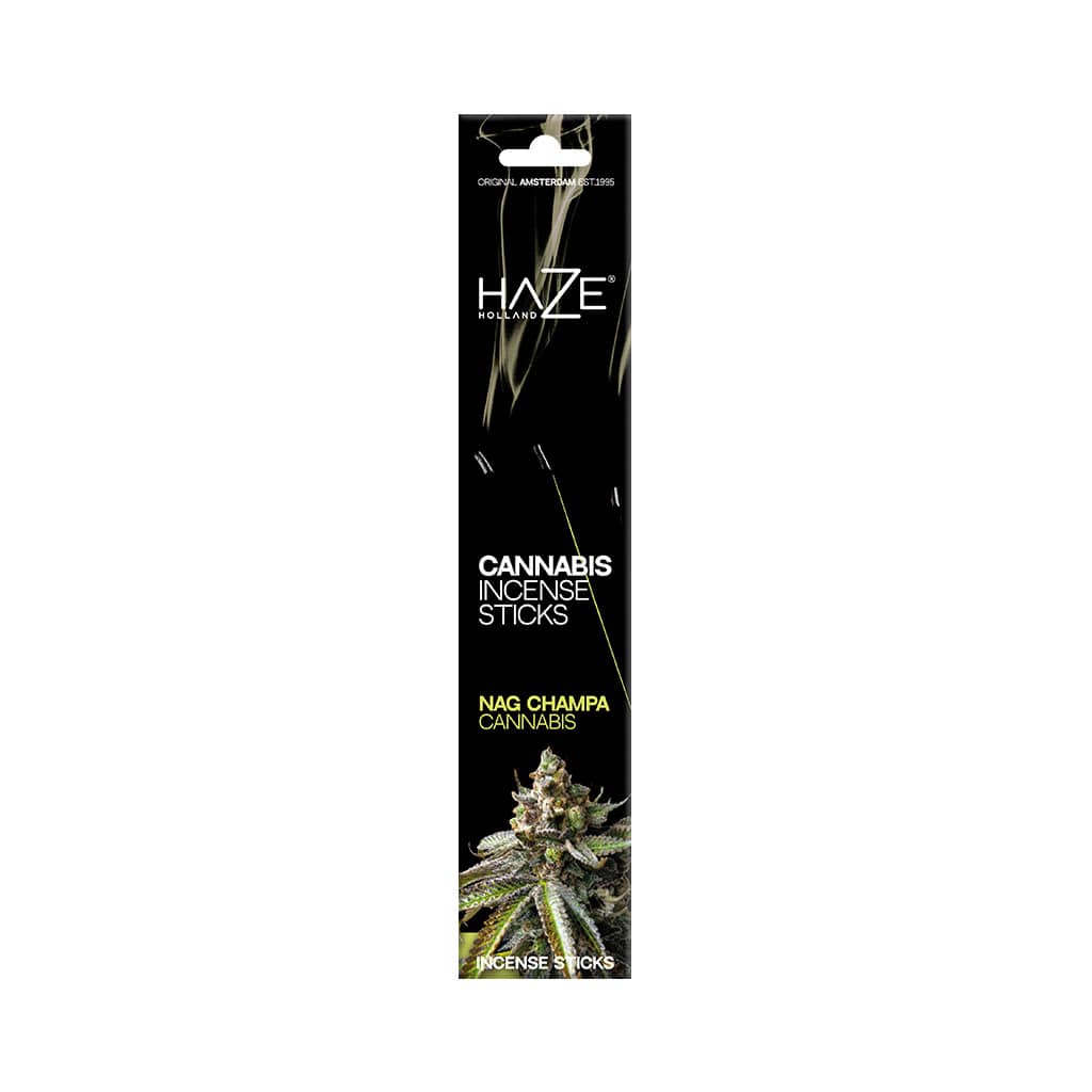 a pack of HaZe Nag Champa scented cannabis incense sticks containing 6 incense sticks