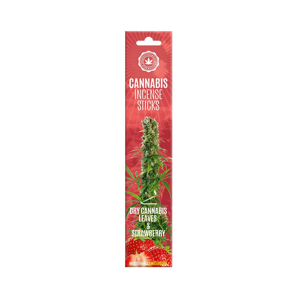 a pack of Multitrance strawberry scented cannabis incense sticks containing 6 incense sticks