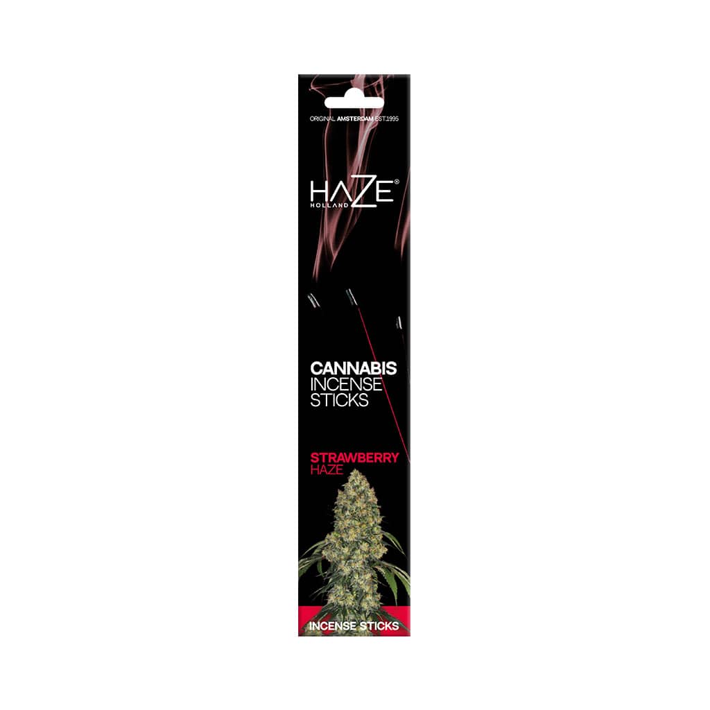 a pack of HaZe strawberry scented cannabis incense sticks containing 6 incense sticks