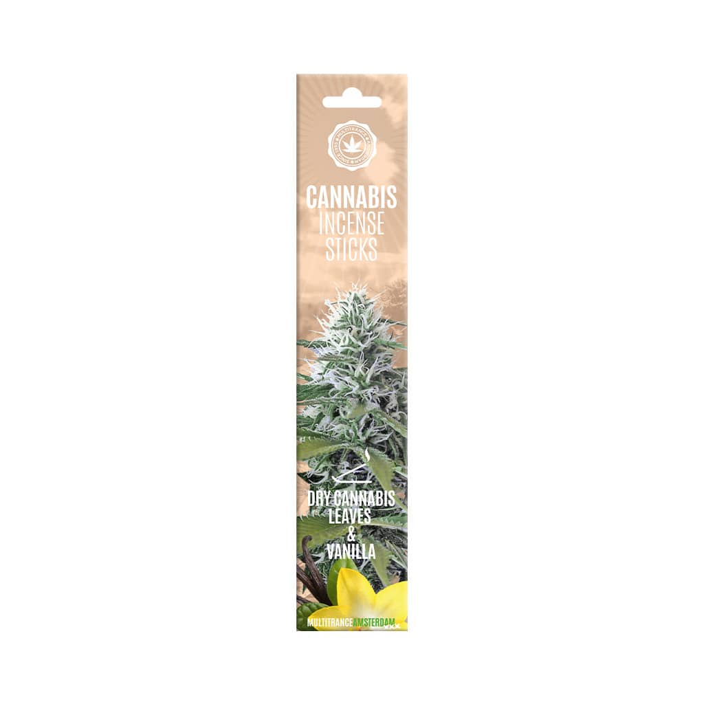 a pack of Multitrance vanilla scented cannabis incense sticks containing 6 incense sticks