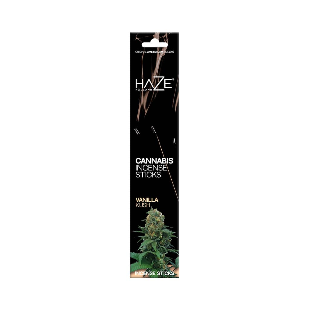 a pack of HaZe vanilla kush scented cannabis incense sticks containing 6 incense sticks
